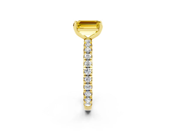 Yellow Gold Emerald Cut Lab-Grown Yellow Sapphire Solitaire Engagement Ring with Shared Prong Pave Band