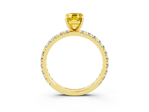 Yellow Gold Emerald Cut Lab-Grown Yellow Sapphire Solitaire Engagement Ring with Shared Prong Pave Band