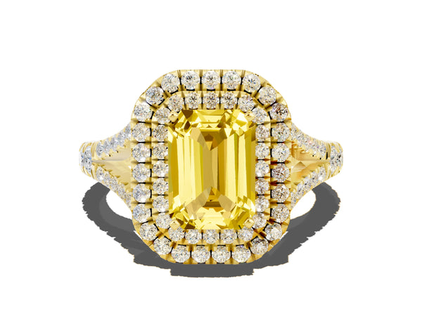 Yellow gold Emerald Cut Yellow Sapphire Pavé Split Shank Double Halo Engagement Ring