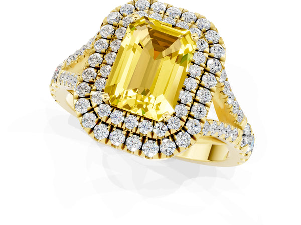 Yellow gold Emerald Cut Yellow Sapphire Pavé Split Shank Double Halo Engagement Ring
