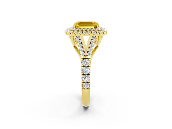 Yellow gold Emerald Cut Yellow Sapphire Pavé Split Shank Double Halo Engagement Ring