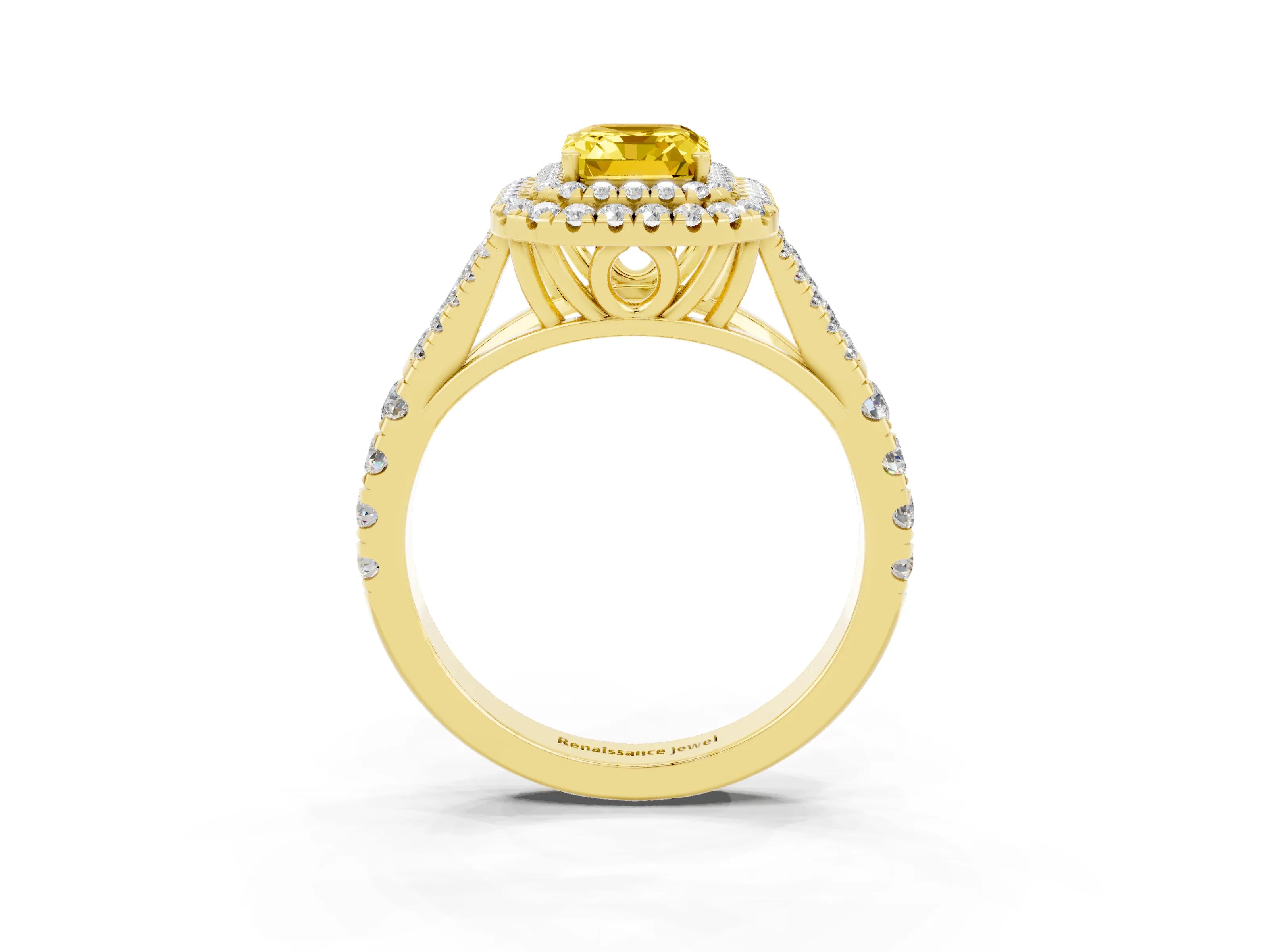 Yellow gold Emerald Cut Yellow Sapphire Pavé Split Shank Double Halo Engagement Ring_3