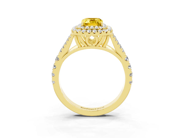 Yellow gold Emerald Cut Yellow Sapphire Pavé Split Shank Double Halo Engagement Ring