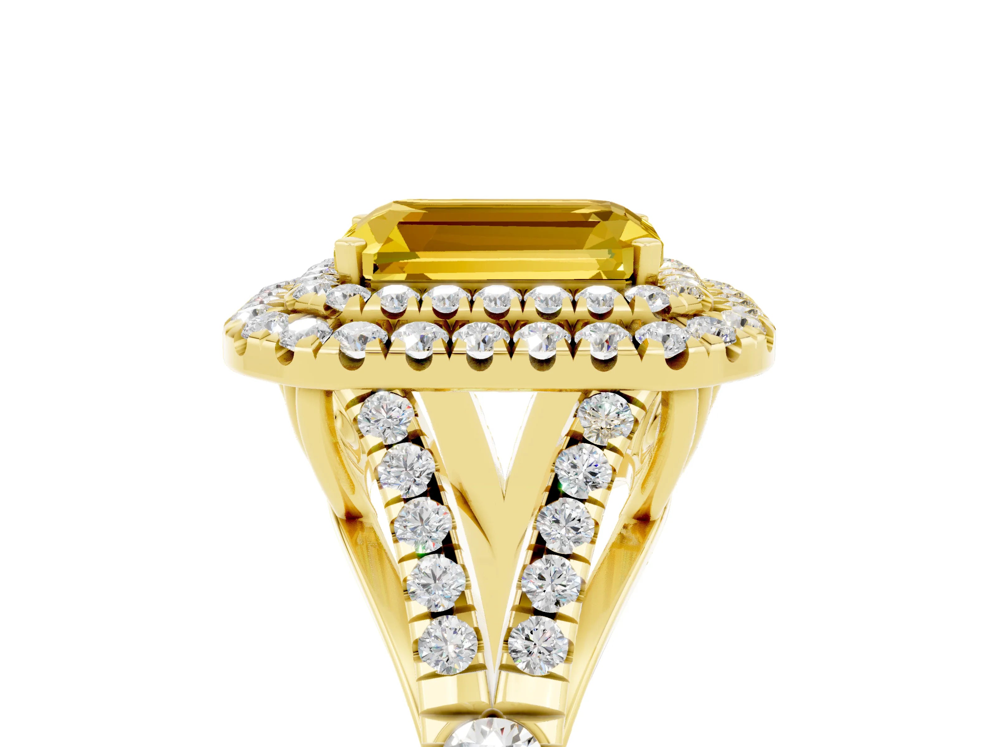 Yellow gold Emerald Cut Yellow Sapphire Pavé Split Shank Double Halo Engagement Ring_5