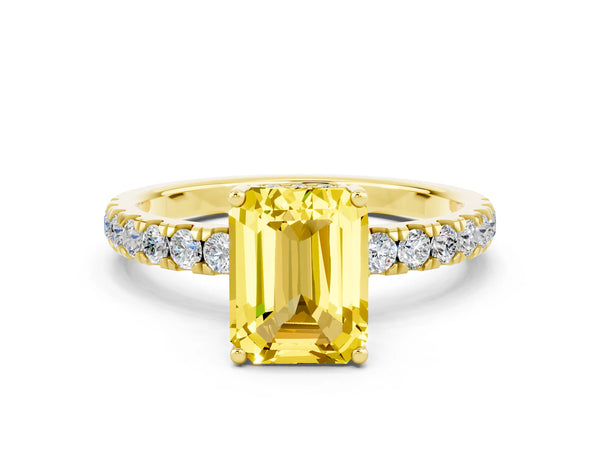 Yellow gold Emerald Cut Yellow Sapphire Pave Band Solitaire Ring with Round  and Prong Setting