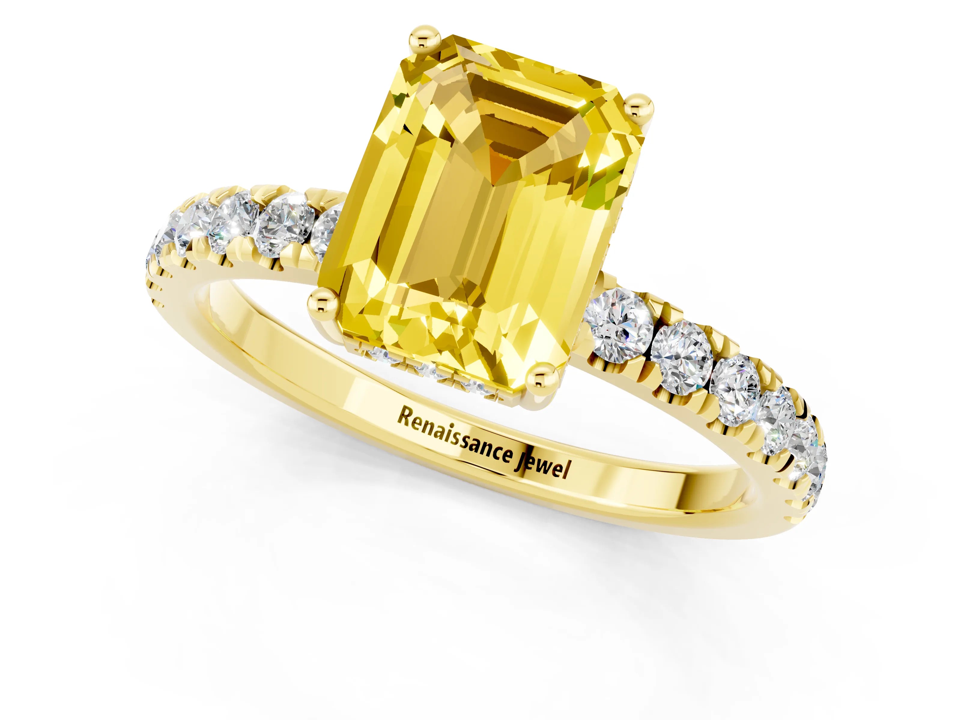 Yellow gold Emerald Cut Yellow Sapphire Pave Band Solitaire Ring with Four-Prong Setting_61