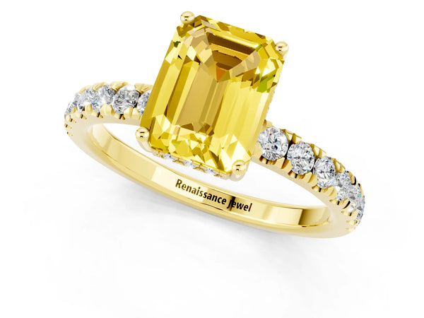 Yellow gold Emerald Cut Yellow Sapphire Pave Band Solitaire Ring with Round  and Prong Setting