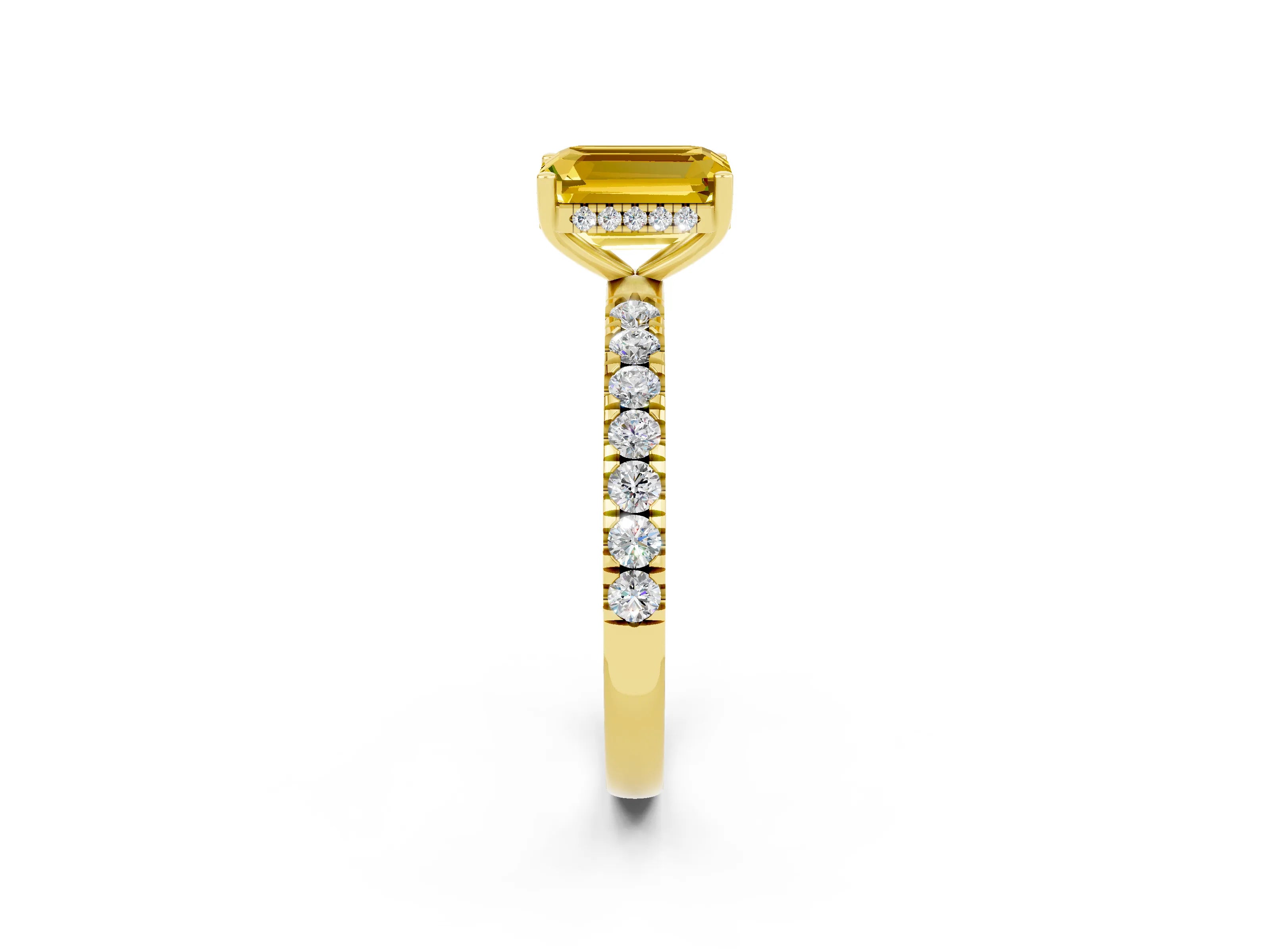 Yellow gold Emerald Cut Yellow Sapphire Pave Band Solitaire Ring with Four-Prong Setting_62