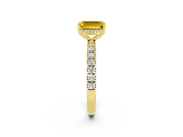 Yellow gold Emerald Cut Yellow Sapphire Pave Band Solitaire Ring with Round  and Prong Setting