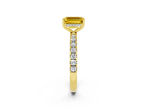 Yellow gold Emerald Cut Yellow Sapphire Pave Band Solitaire Ring with Four-Prong Setting_62