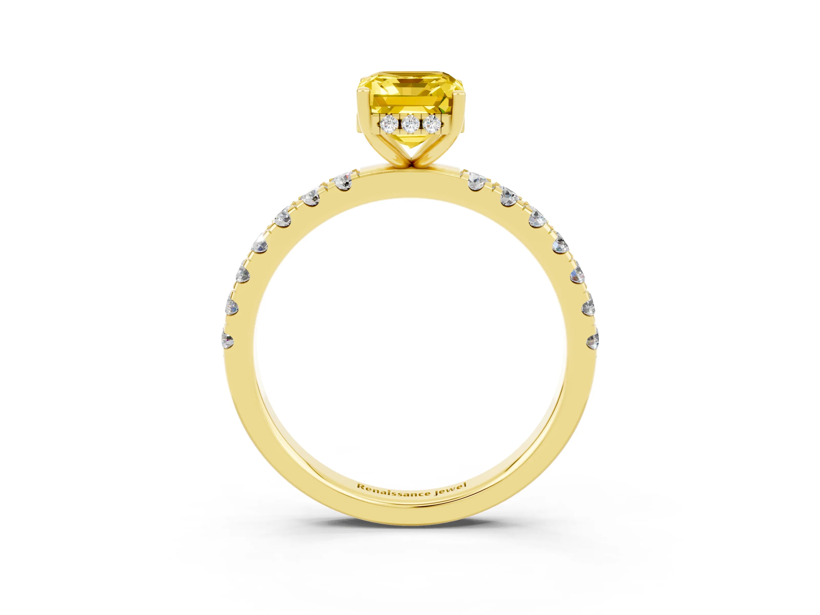 Yellow gold Emerald Cut Yellow Sapphire Pave Band Solitaire Ring with Four-Prong Setting_63