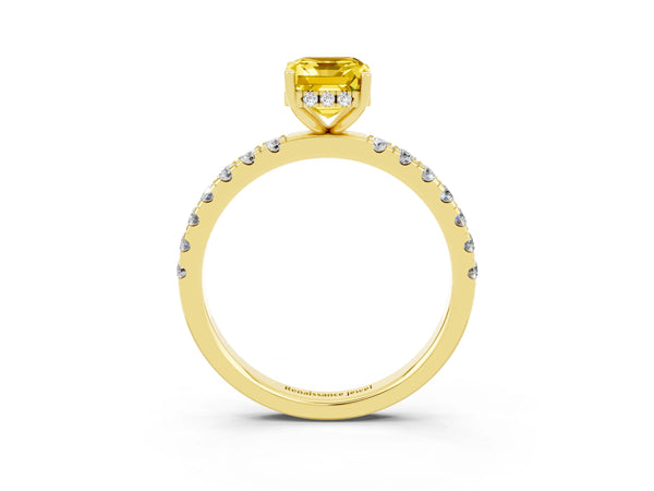 Yellow gold Emerald Cut Yellow Sapphire Pave Band Solitaire Ring with Round  and Prong Setting