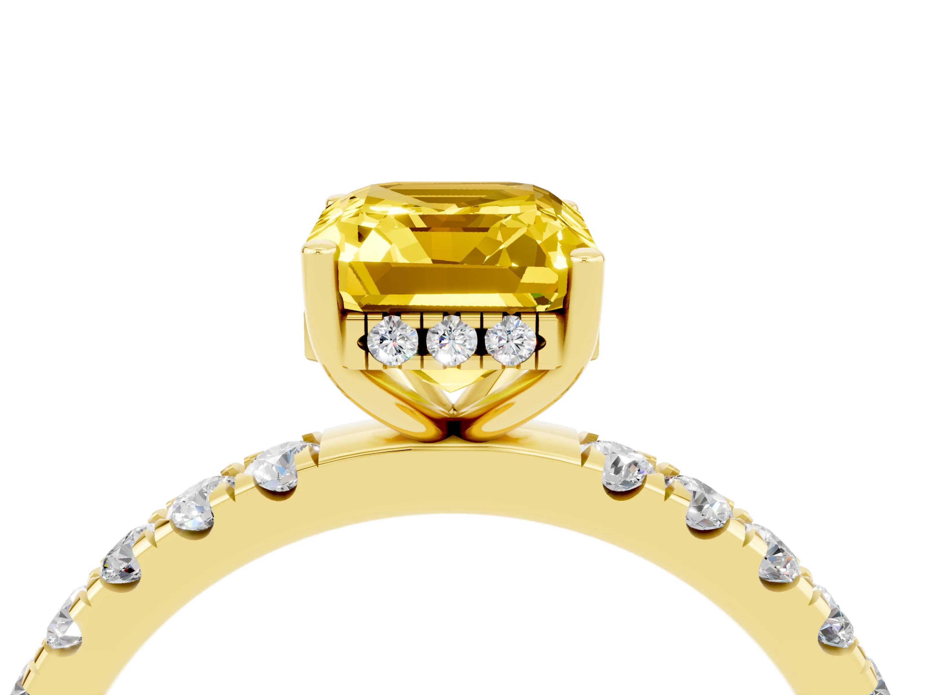 Yellow gold Emerald Cut Yellow Sapphire Pave Band Solitaire Ring with Four-Prong Setting_64