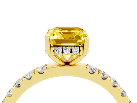 Yellow gold Emerald Cut Yellow Sapphire Pave Band Solitaire Ring with Four-Prong Setting_64