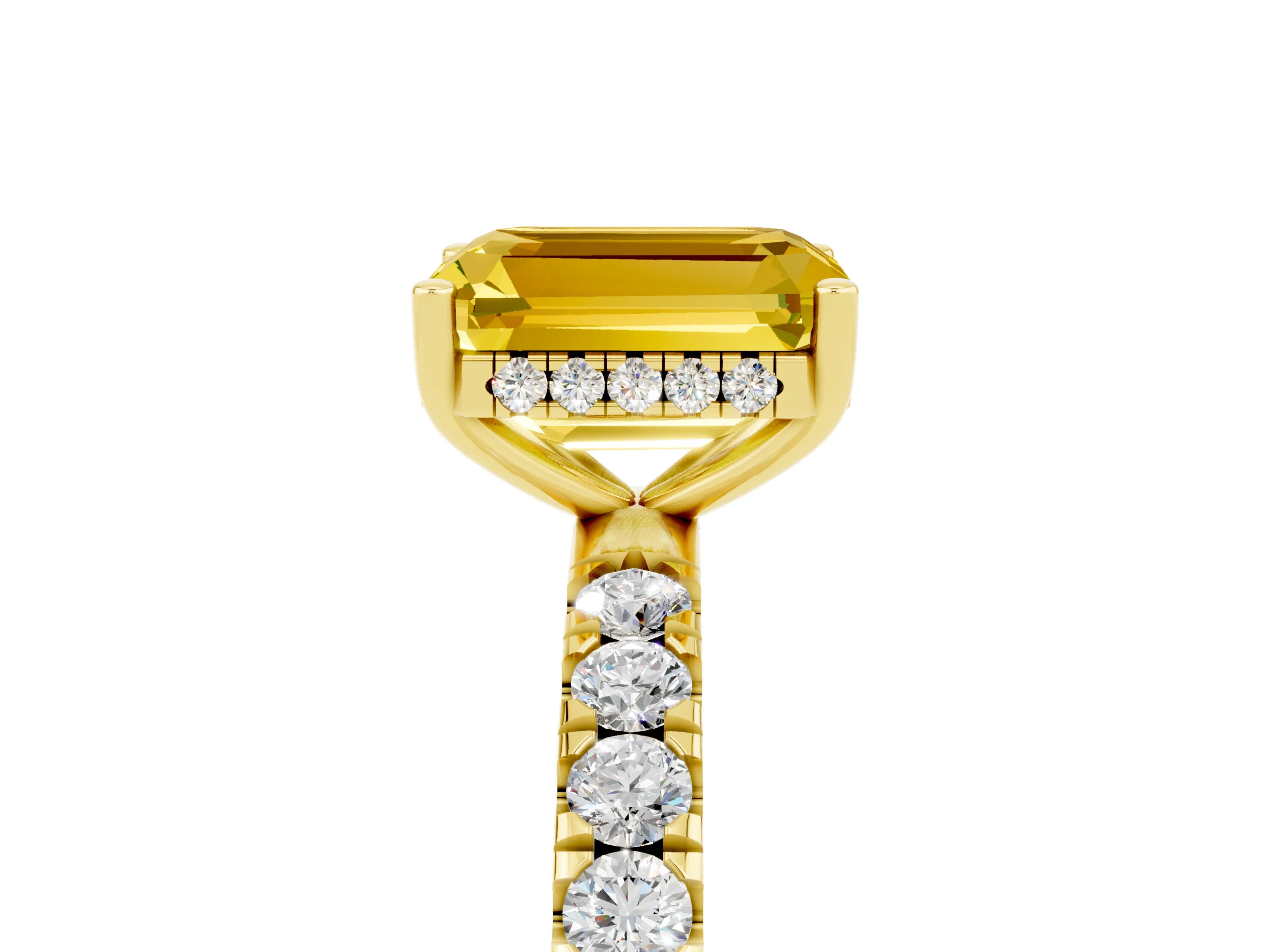 Yellow gold Emerald Cut Yellow Sapphire Pave Band Solitaire Ring with Four-Prong Setting_65