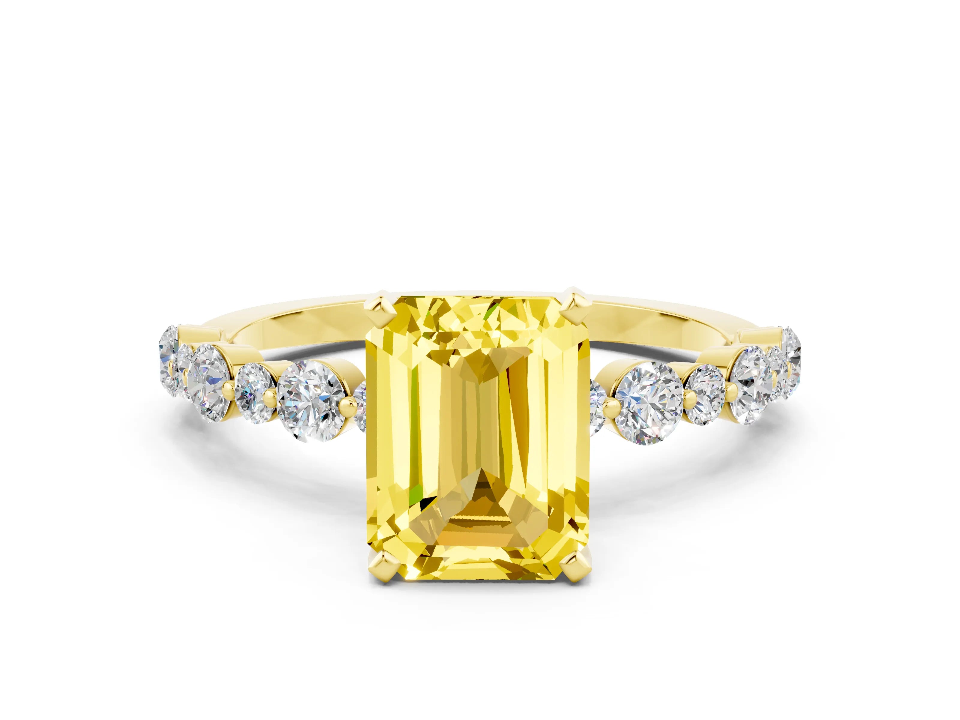 Yellow gold Emerald Cut Yellow Sapphire Prong Set Engagement Ring with Pavé Band_12