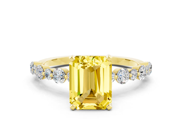 Yellow gold Emerald Cut Yellow Sapphire Prong Set Engagement Ring with Pavé Band