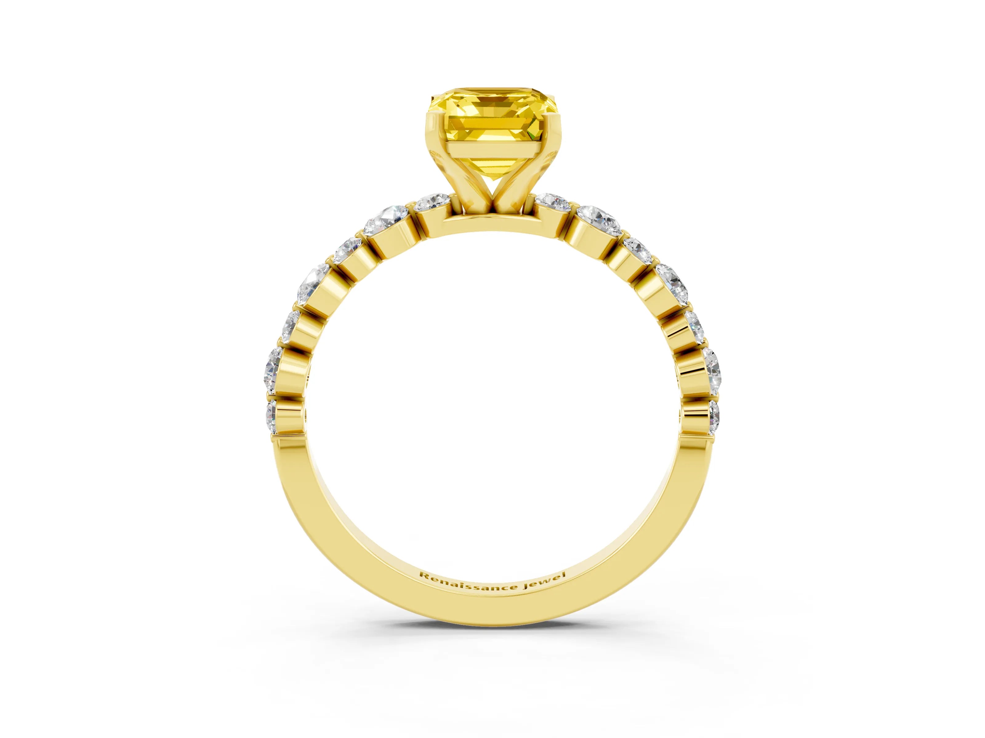 Yellow gold Emerald Cut Yellow Sapphire Prong Set Engagement Ring with Pavé Band_15