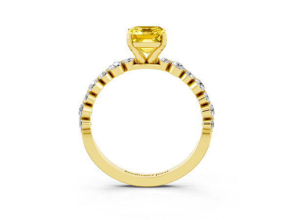 Yellow gold Emerald Cut Yellow Sapphire Prong Set Engagement Ring with Pavé Band