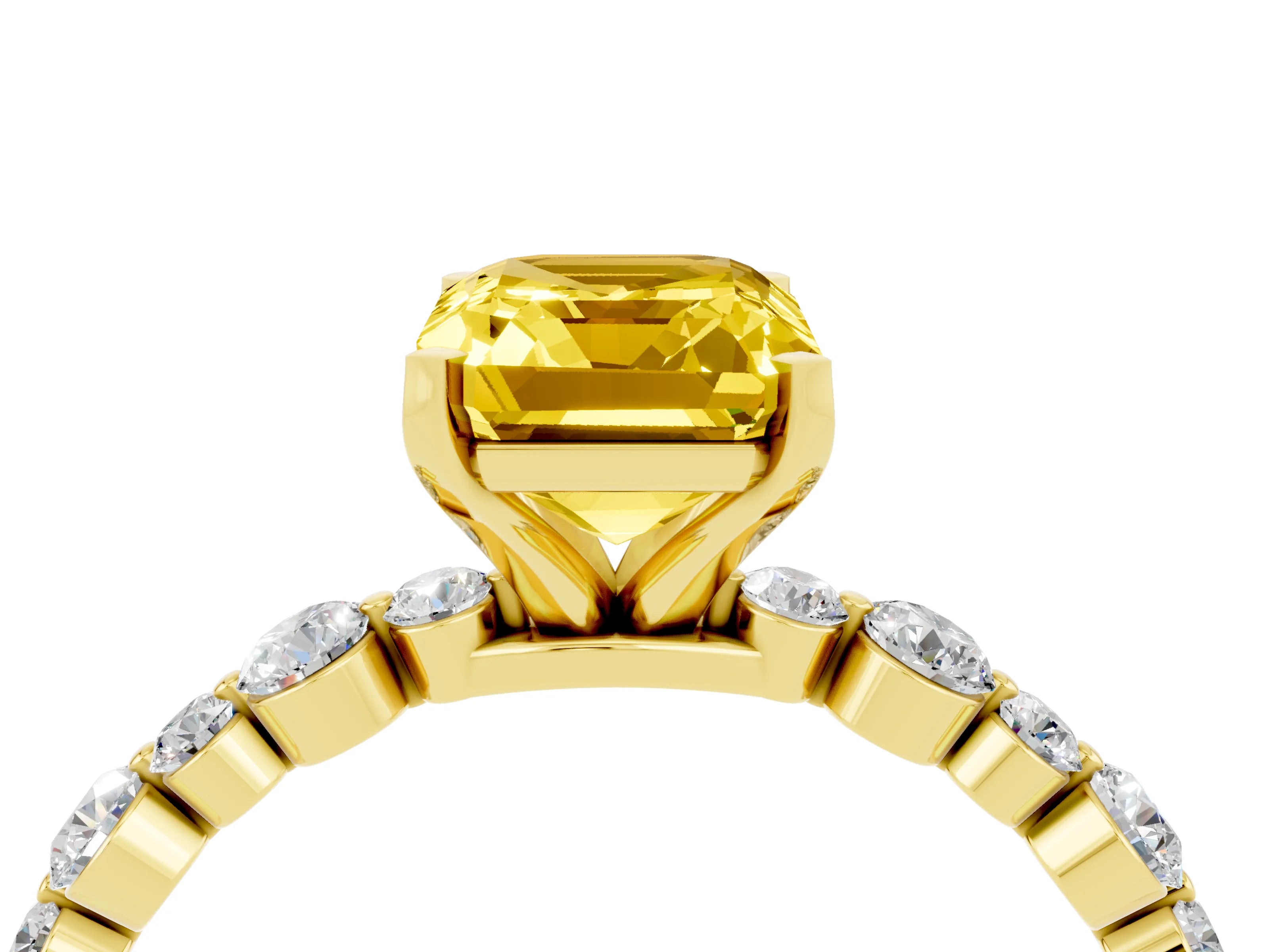 Yellow gold Emerald Cut Yellow Sapphire Prong Set Engagement Ring with Pavé Band_16