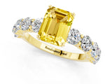 Yellow gold Emerald Cut Yellow Sapphire Prong Setting with Side Stones on a Pave Band_25