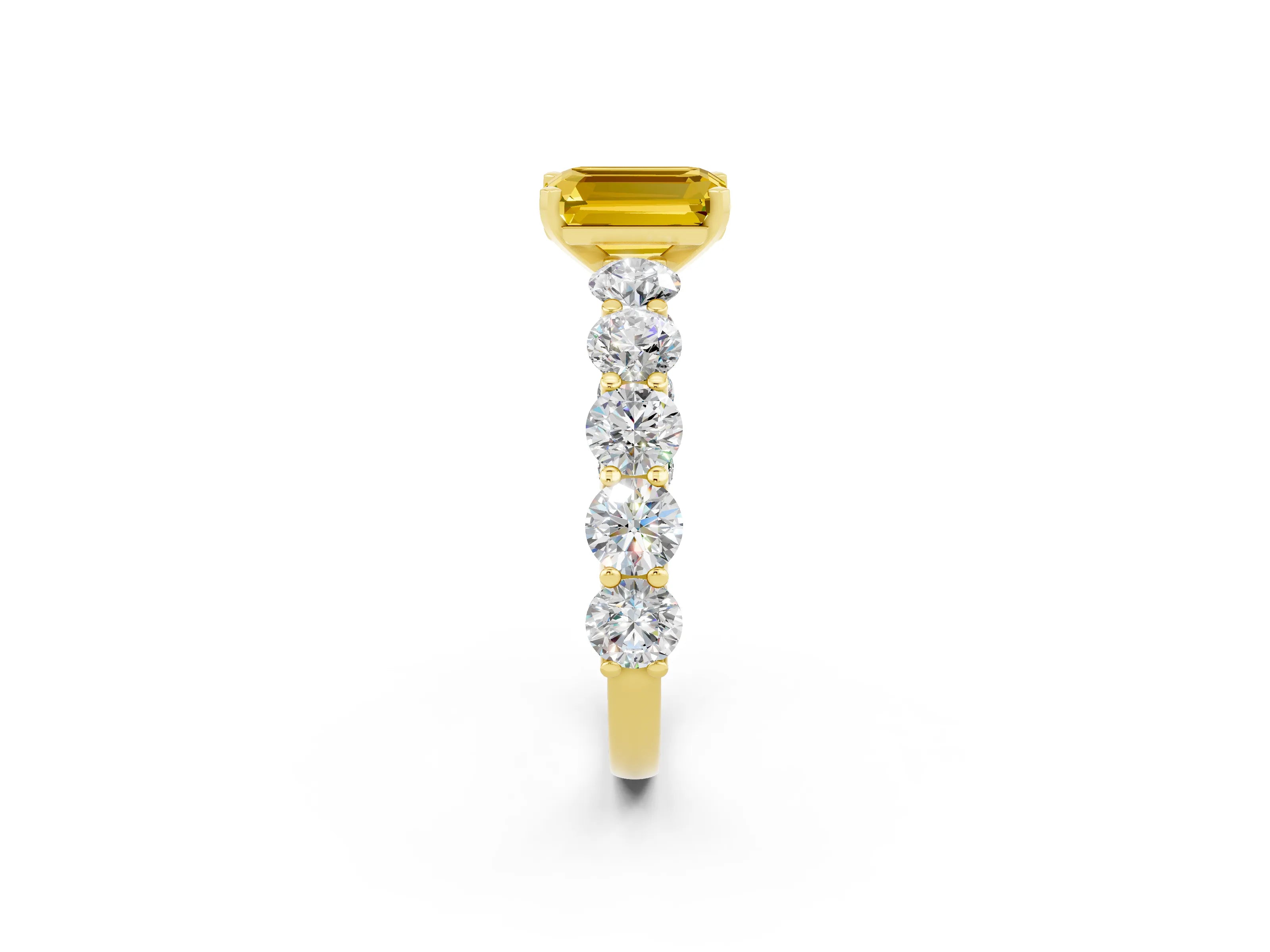 Yellow gold Emerald Cut Yellow Sapphire Prong Setting with Side Stones on a Pave Band_26