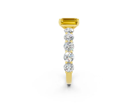 Yellow gold Emerald Cut Yellow Sapphire Prong Setting with Side Stones on a Pave Band_26