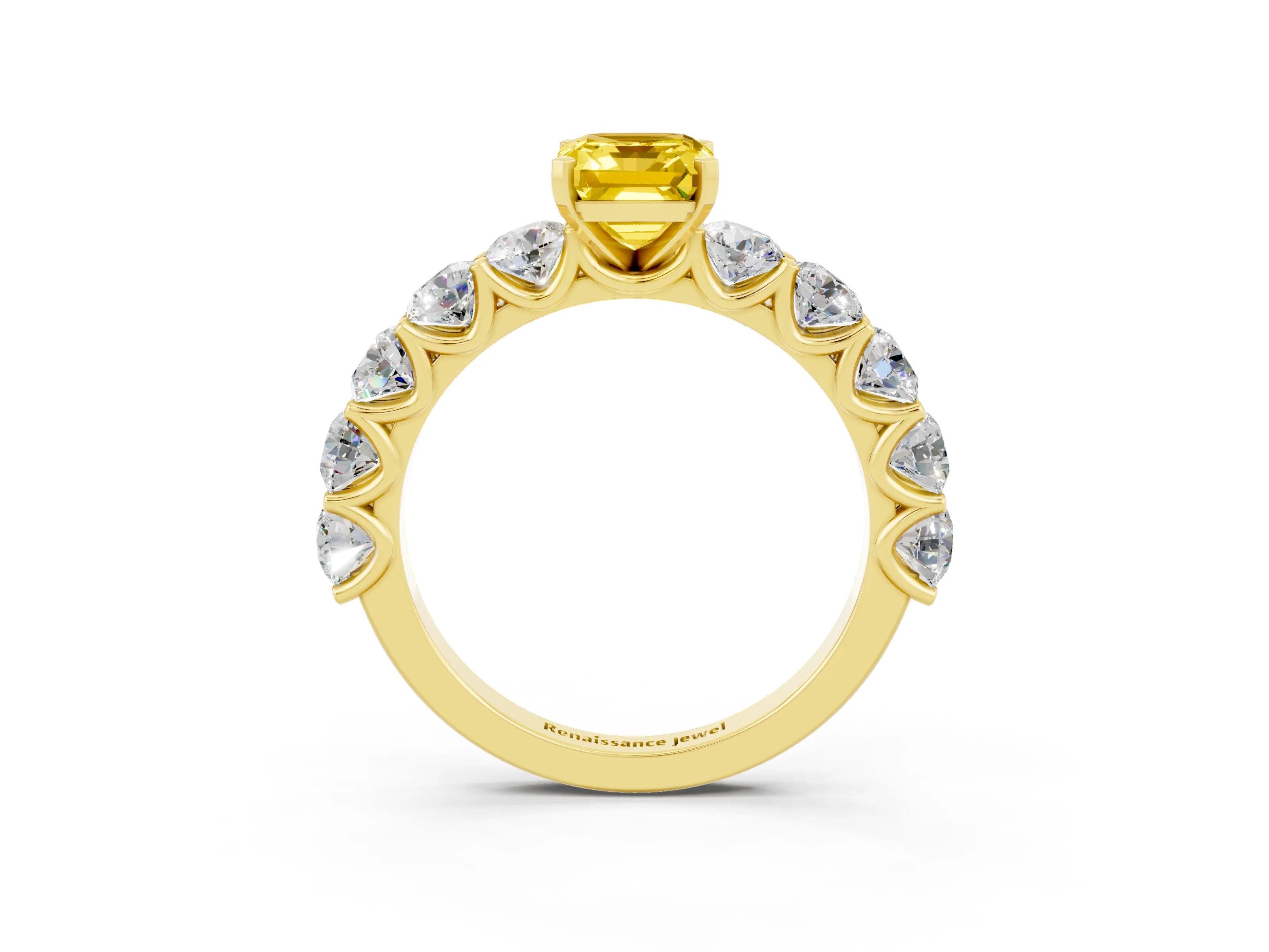 Yellow gold Emerald Cut Yellow Sapphire Prong Setting with Side Stones on a Pave Band_27