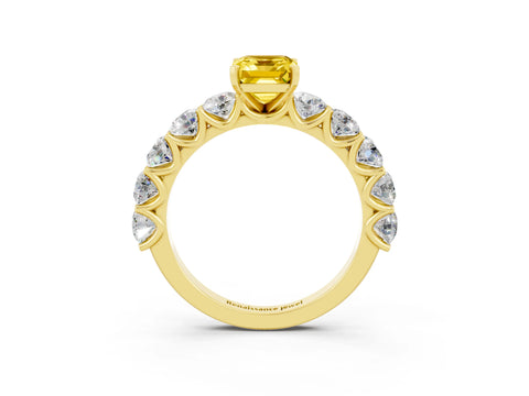 Yellow gold Emerald Cut Yellow Sapphire Prong Setting with Side Stones on a Pave Band_27