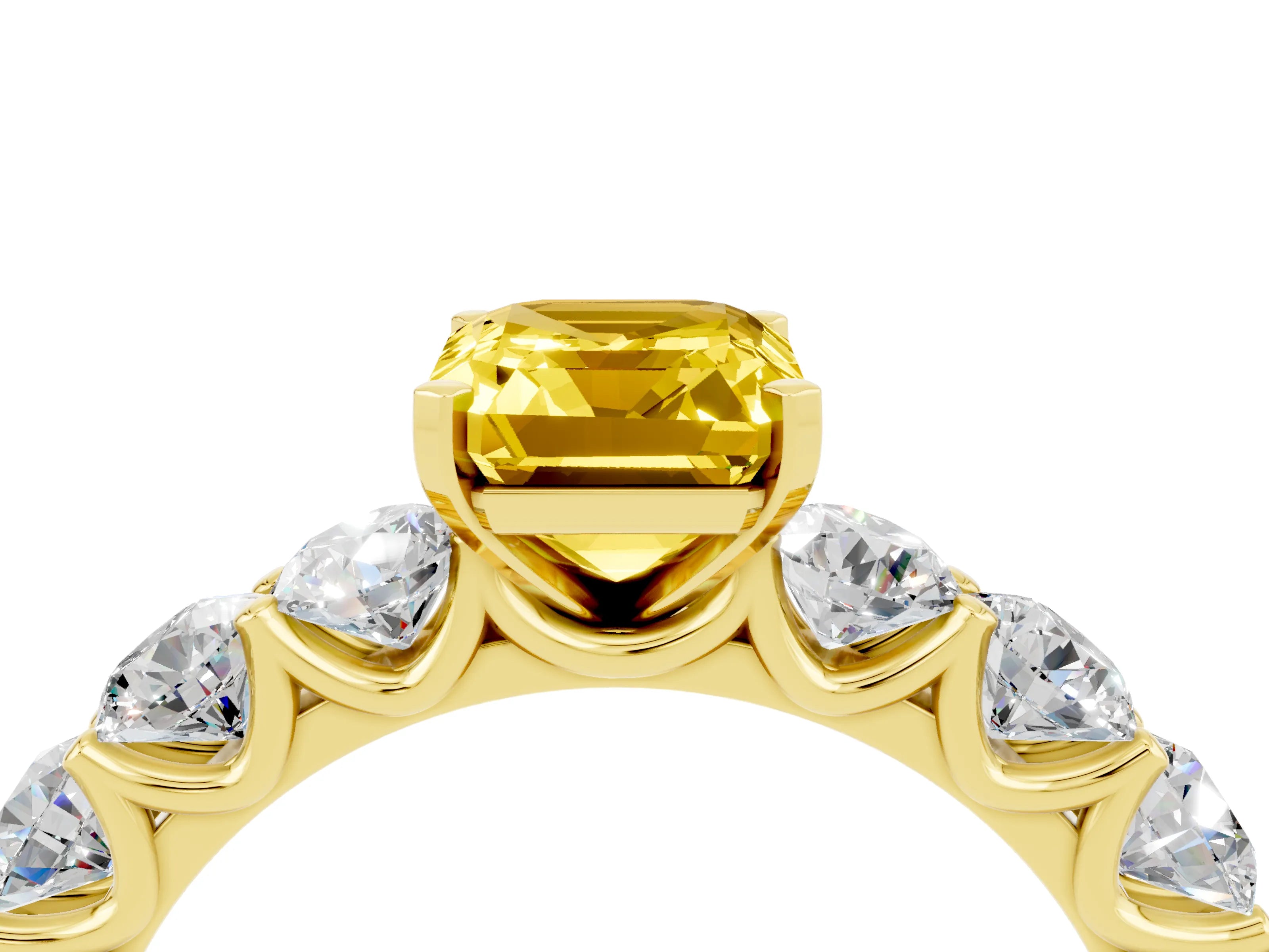 Yellow gold Emerald Cut Yellow Sapphire Prong Setting with Side Stones on a Pave Band_28