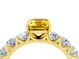 Yellow gold Emerald Cut Yellow Sapphire Prong Setting with Side Stones on a Pave Band_28