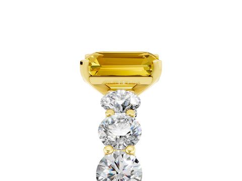Yellow gold Emerald Cut Yellow Sapphire Prong Setting with Side Stones on a Pave Band_29