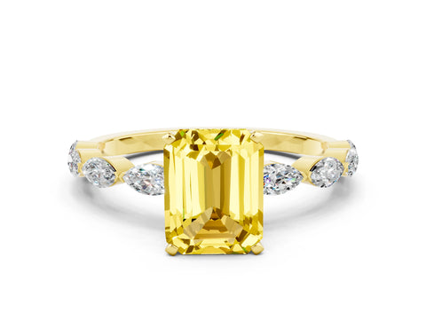 Yellow gold Emerald Cut Yellow Sapphire Ring with Marquise Side Stones and Prong Setting_12