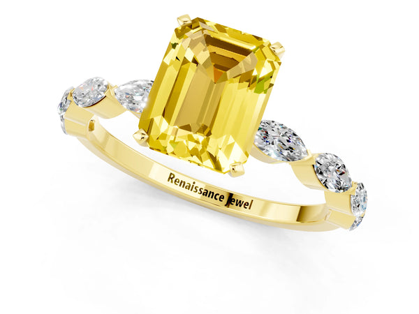 Yellow gold Emerald Cut Yellow Sapphire Ring with Marquise Side Stones and Prong Setting
