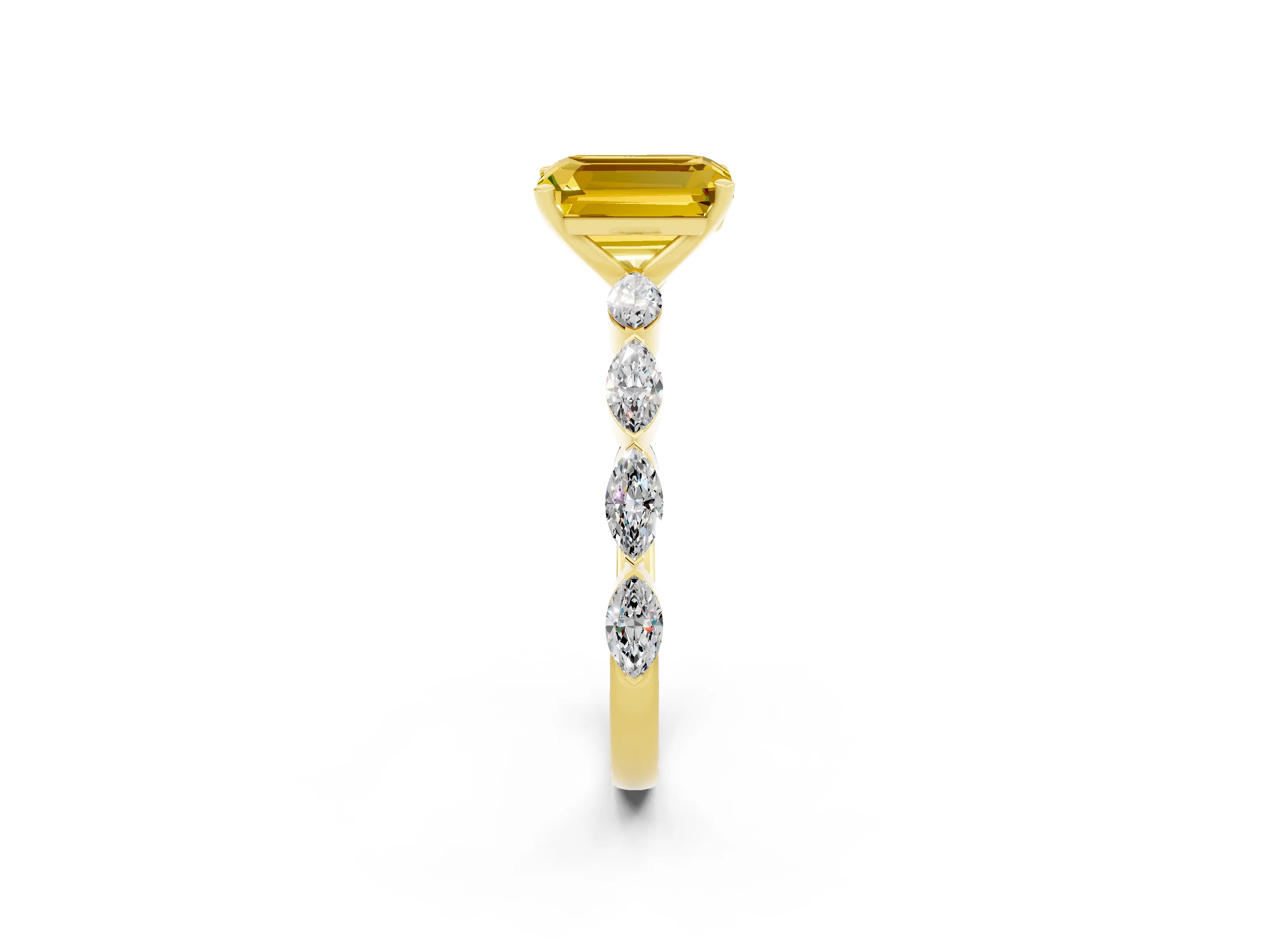Yellow gold Emerald Cut Yellow Sapphire Ring with Marquise Side Stones and Prong Setting_14
