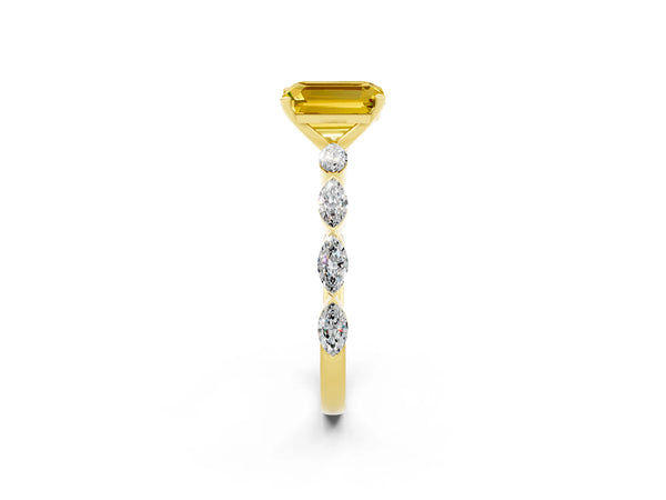 Yellow gold Emerald Cut Yellow Sapphire Ring with Marquise Side Stones and Prong Setting