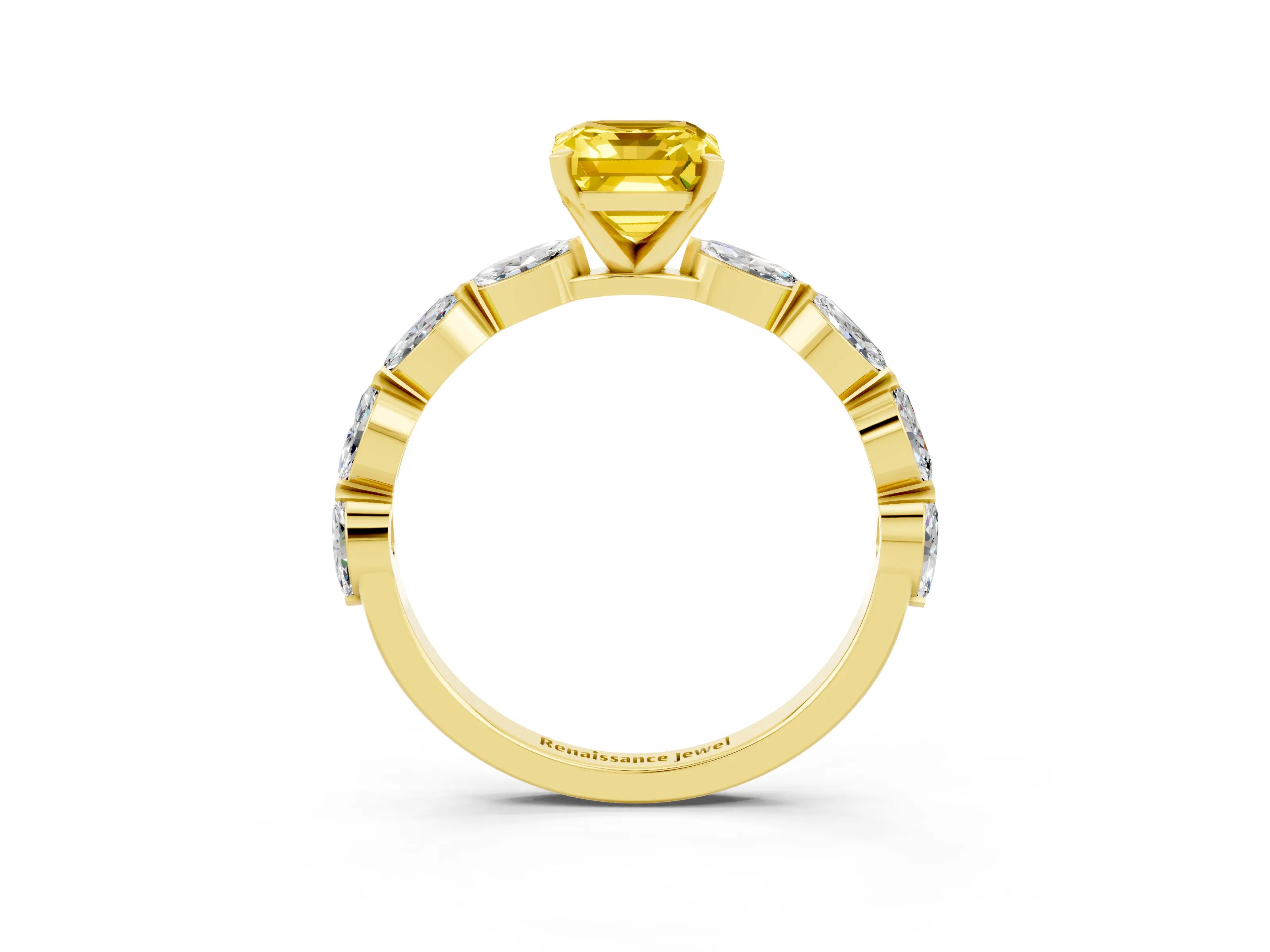Yellow gold Emerald Cut Yellow Sapphire Ring with Marquise Side Stones and Prong Setting_15