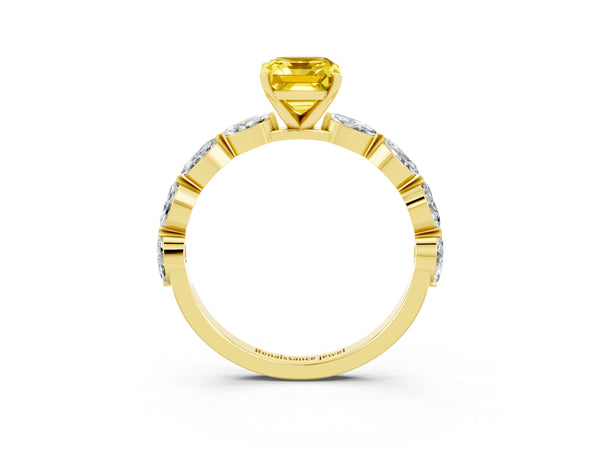 Yellow gold Emerald Cut Yellow Sapphire Ring with Marquise Side Stones and Prong Setting