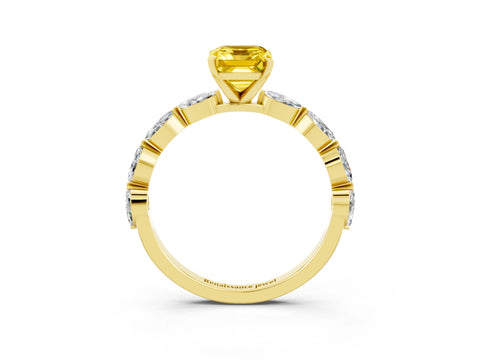 Yellow gold Emerald Cut Yellow Sapphire Ring with Marquise Side Stones and Prong Setting_15