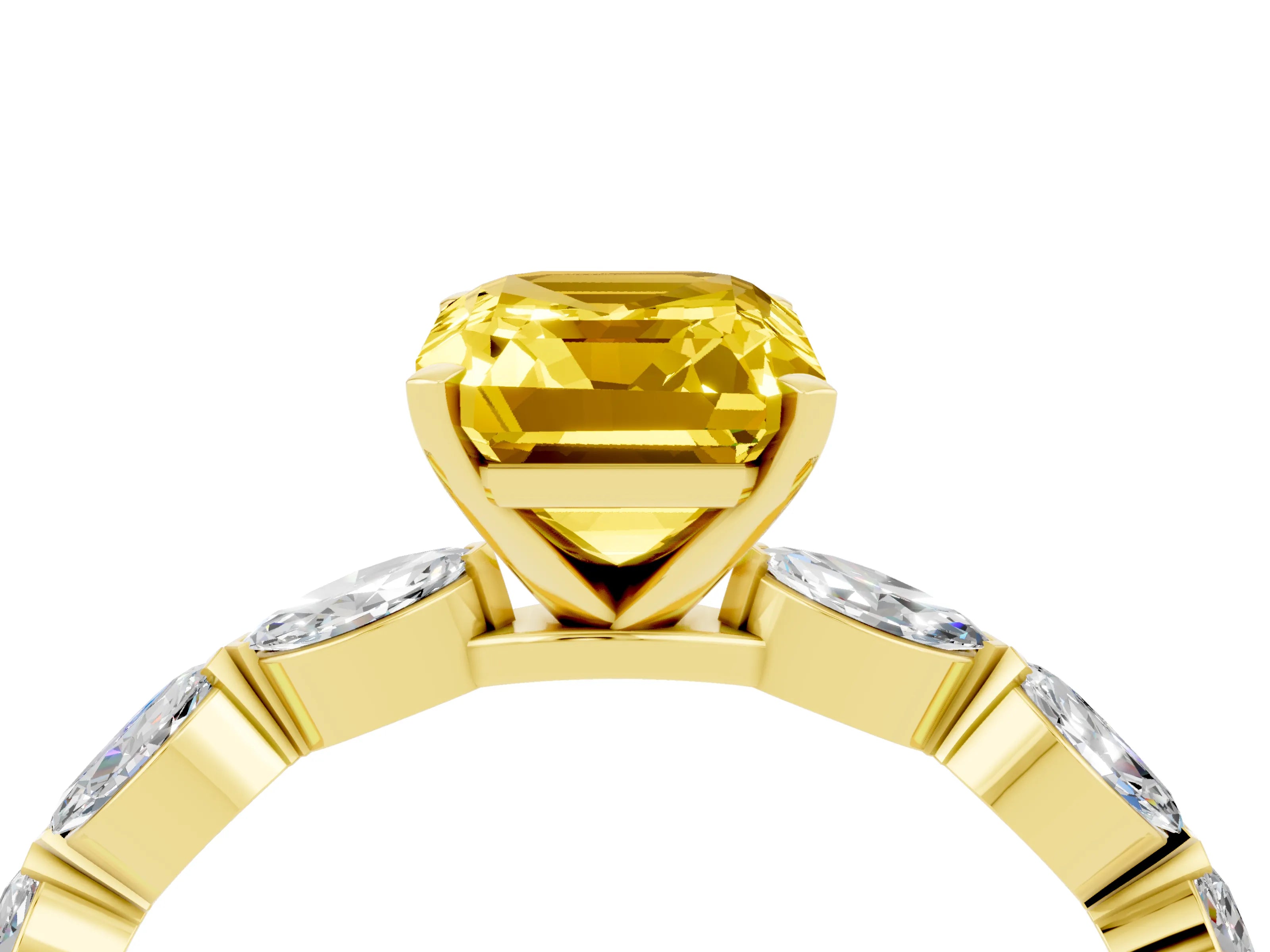 Yellow gold Emerald Cut Yellow Sapphire Ring with Marquise Side Stones and Prong Setting_16