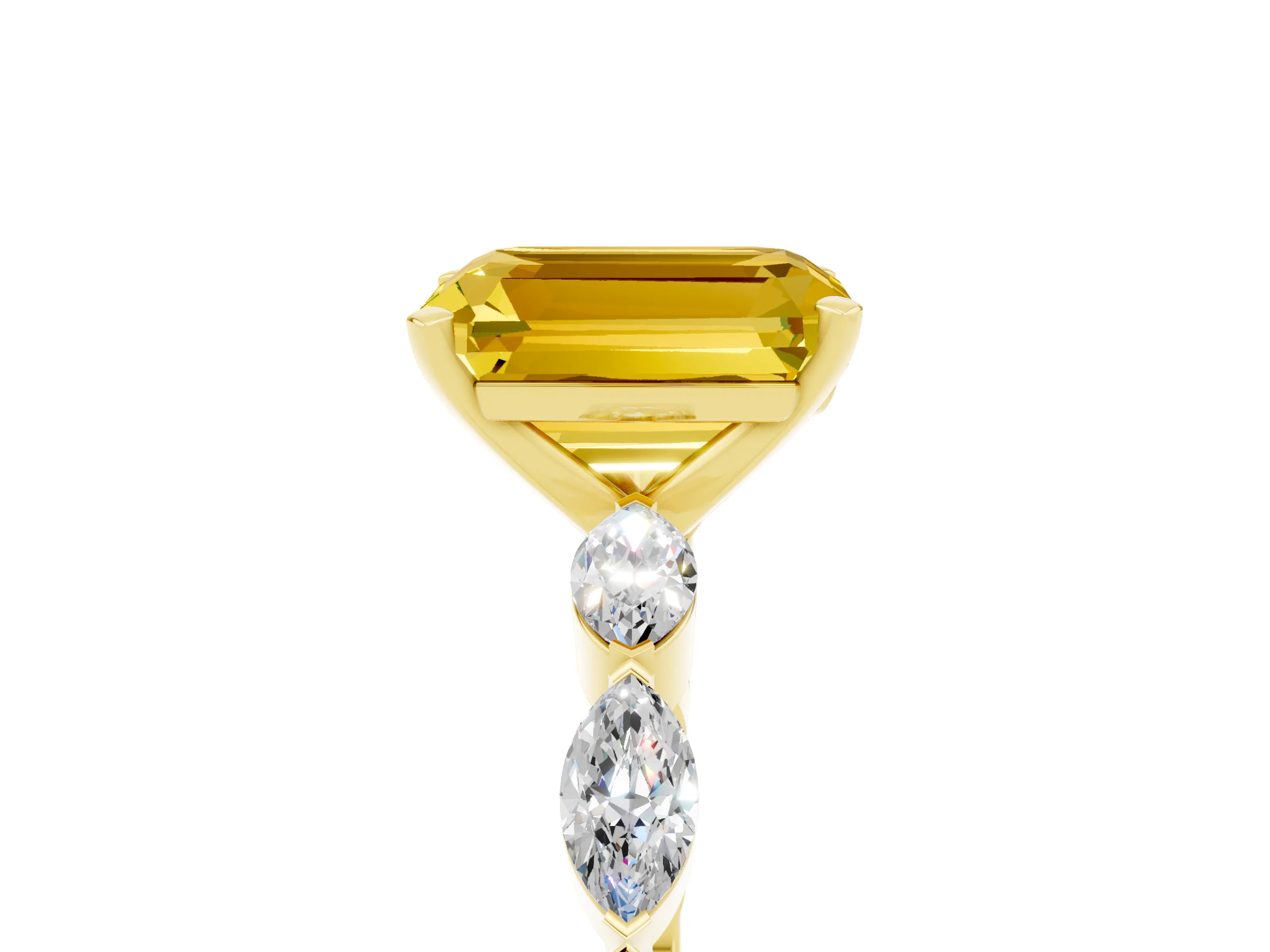 Yellow gold Emerald Cut Yellow Sapphire Ring with Marquise Side Stones and Prong Setting_17