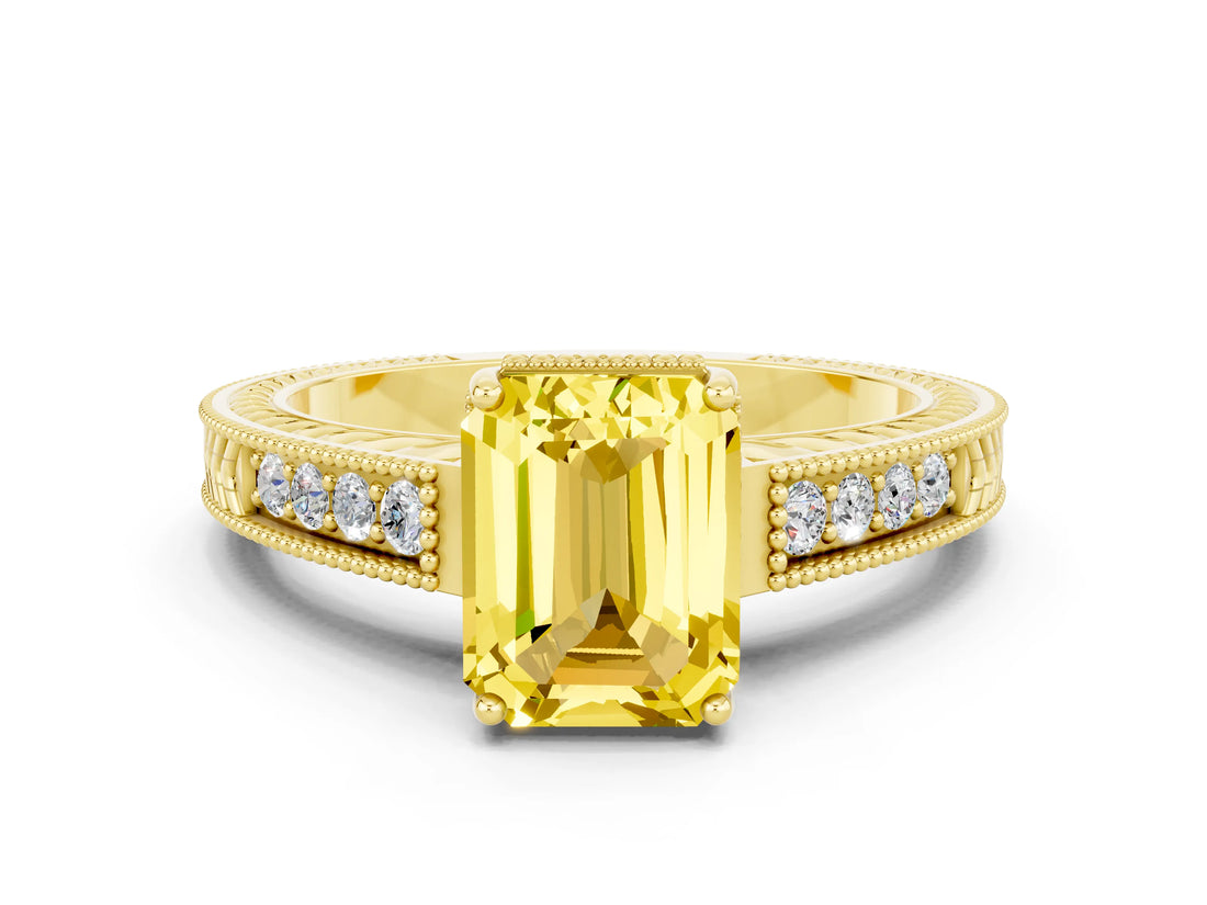 Yellow gold Emerald Cut Yellow Sapphire Ring with Milgrain Pavé Band and Four-Prong Setting_36