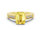 Yellow gold Emerald Cut Yellow Sapphire Ring with Milgrain Pavé Band and Four-Prong Setting_36