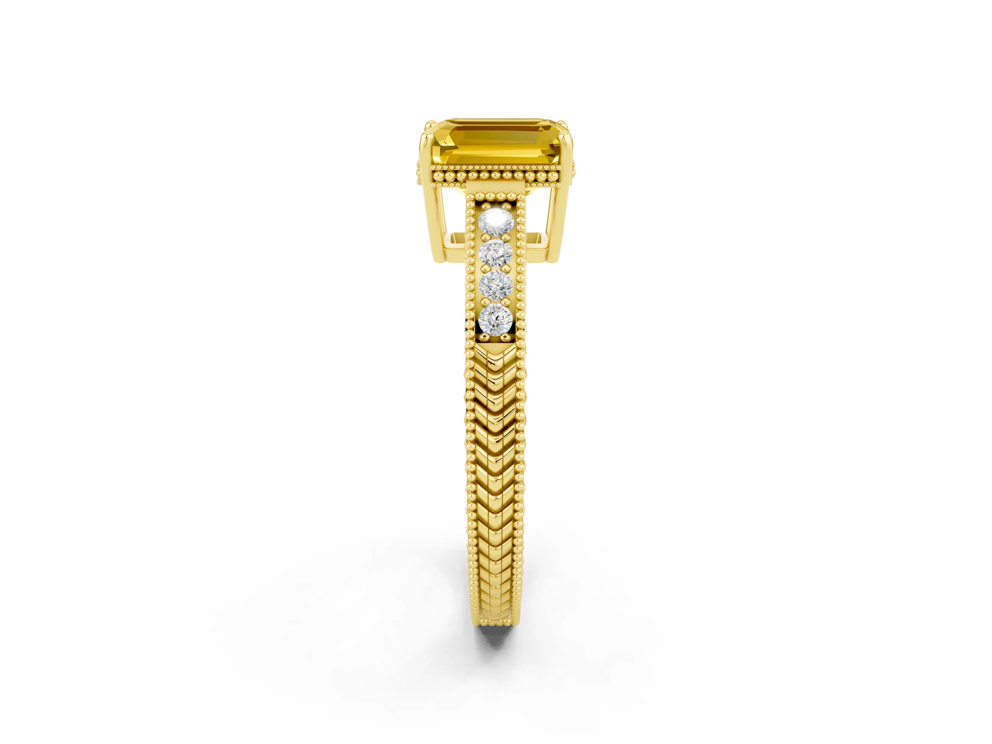 Yellow gold Emerald Cut Yellow Sapphire Ring with Milgrain Pavé Band and Four-Prong Setting_38