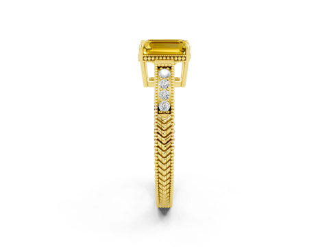 Yellow gold Emerald Cut Yellow Sapphire Ring with Milgrain Pavé Band and Four-Prong Setting_38