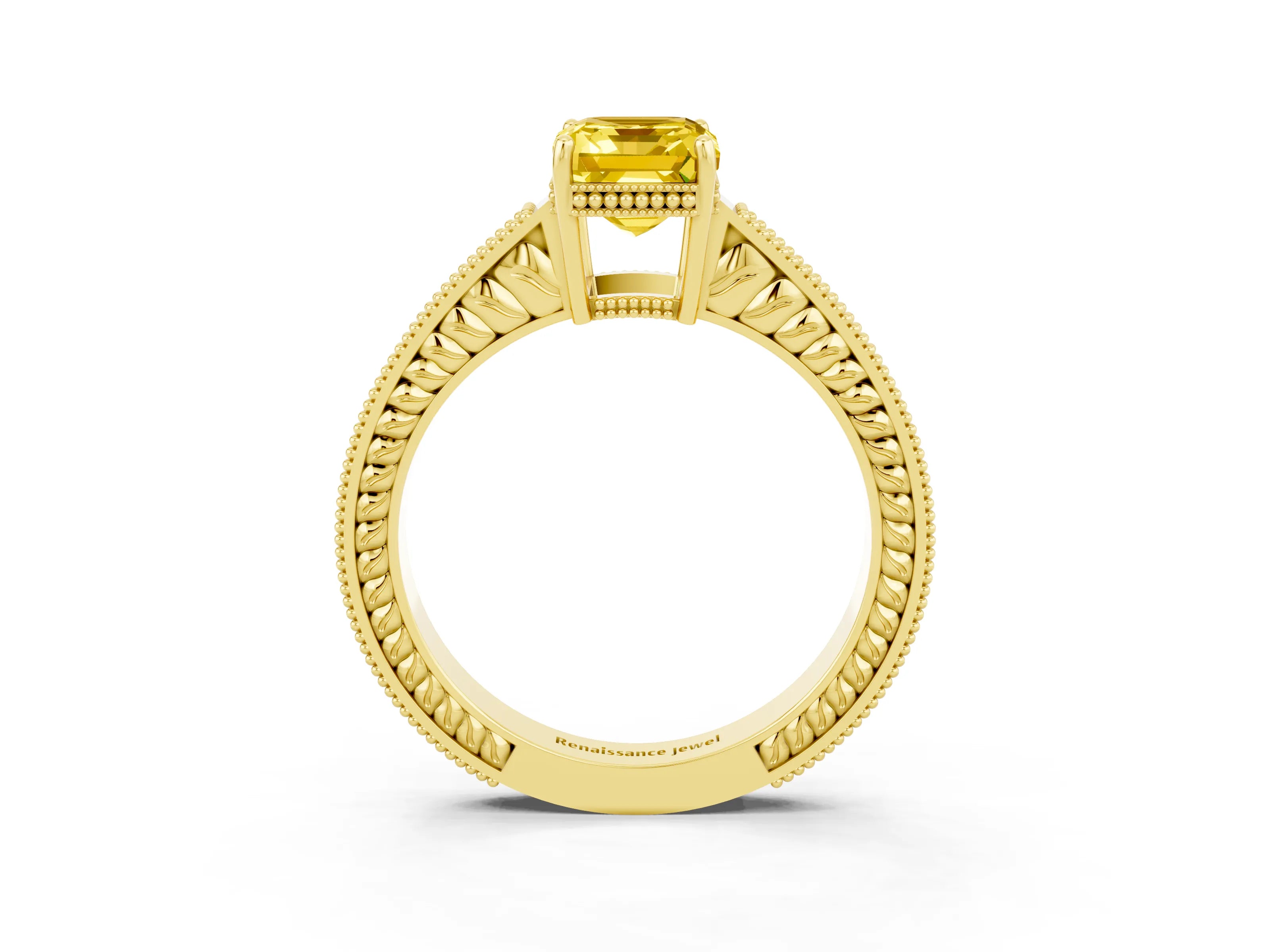 Yellow gold Emerald Cut Yellow Sapphire Ring with Milgrain Pavé Band and Four-Prong Setting_39