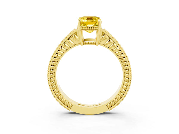 Yellow gold Emerald Cut Yellow Sapphire Ring with Milgrain Pavé Band and Four-Prong Setting