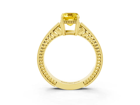 Yellow gold Emerald Cut Yellow Sapphire Ring with Milgrain Pavé Band and Four-Prong Setting_39