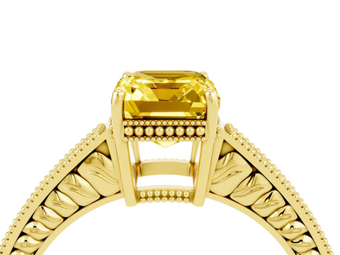 Yellow gold Emerald Cut Yellow Sapphire Ring with Milgrain Pavé Band and Four-Prong Setting_40