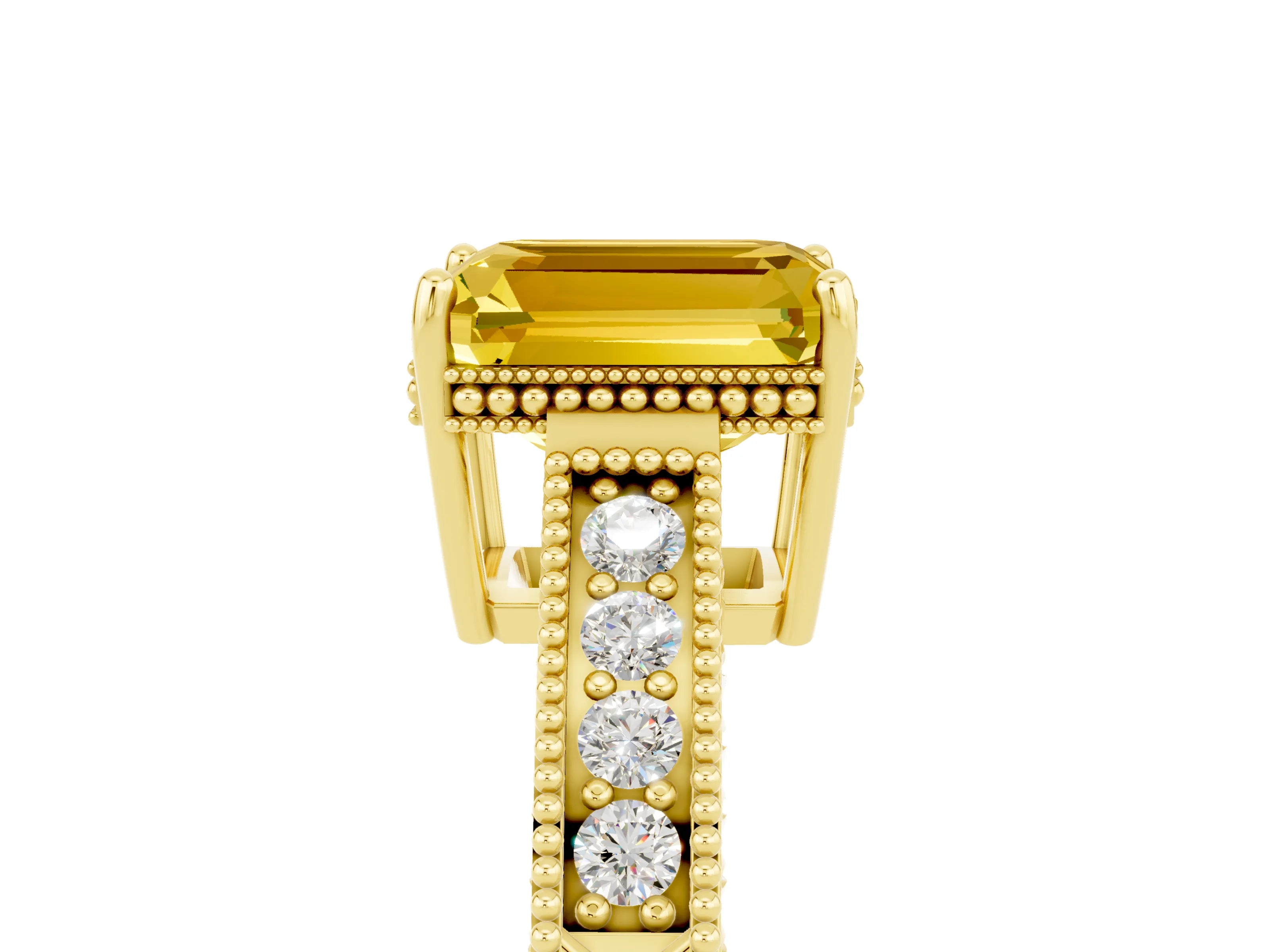 Yellow gold Emerald Cut Yellow Sapphire Ring with Milgrain Pavé Band and Four-Prong Setting_41
